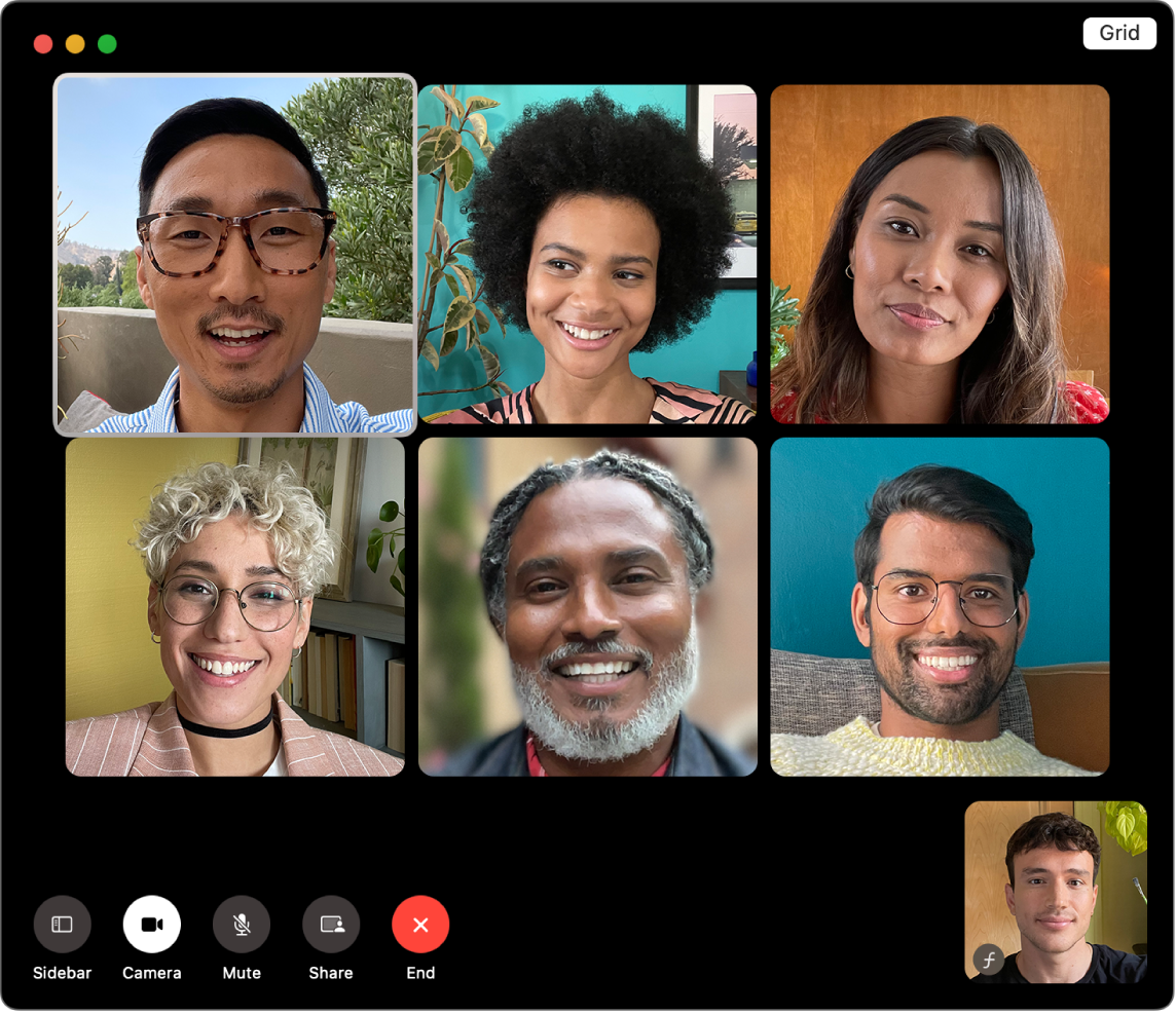 Una ventana de FaceTime con un grupo de usuarios invitados.