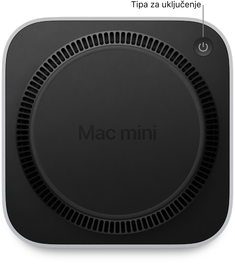 Dno računala Mac mini prikazuje tipku napajanja.