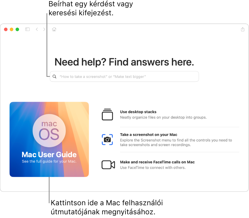 A Tippek app kezdőoldalán a Mac felhasználói útmutató, a keresőmező és javasolt témakörök láthatók.