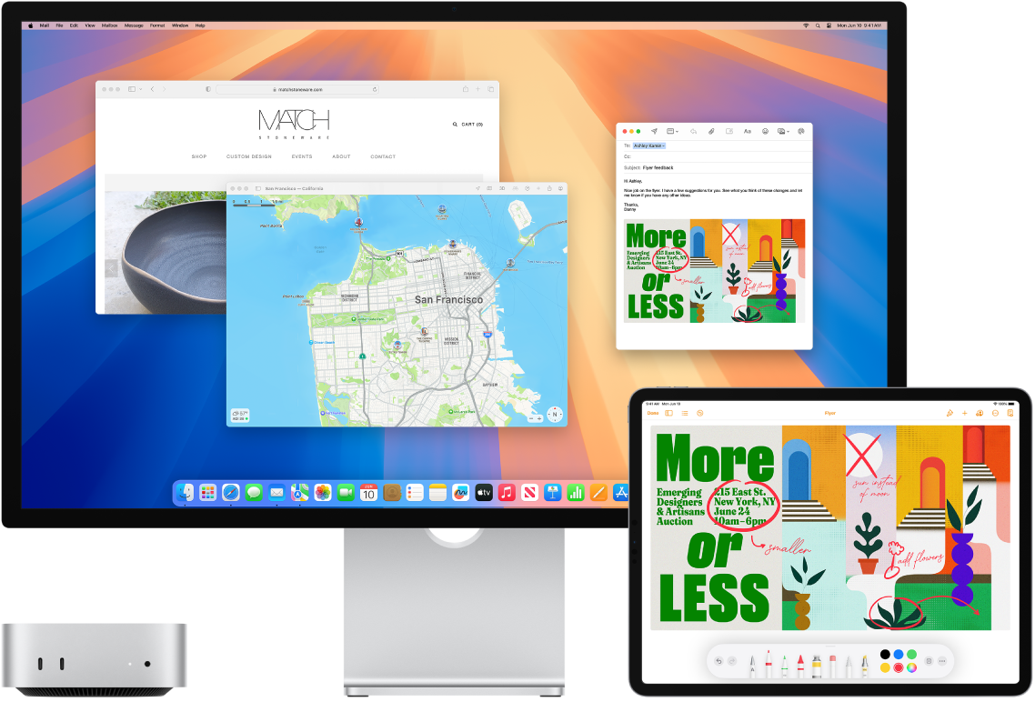 나란히 놓인 Mac mini와 iPad. iPad 화면에는 주석이 있는 전단지가 표시됨. Mac mini 화면에는 iPad 화면의 주석이 있는 전단지가 첨부된 Mail 앱 메시지가 표시됨.