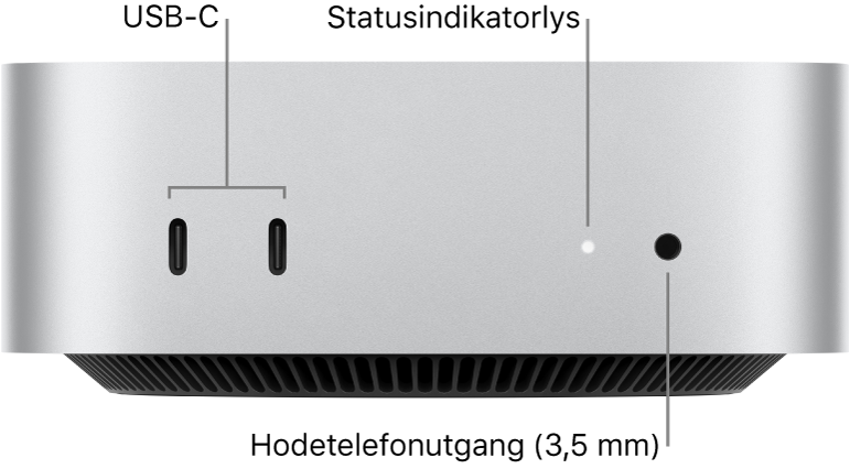 Forsiden av Mac mini som viser to USB-C-porter, statusindikatorlyset og hodetelefonutgang (3,5 mm).