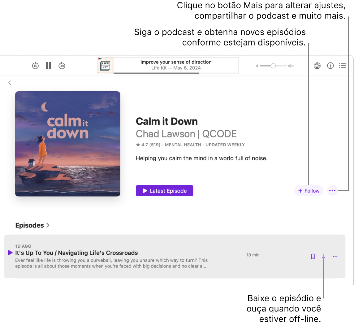 Janela do app Podcasts mostrando um episódio. Chamadas apontam para os botões Download, Seguir e Mais.