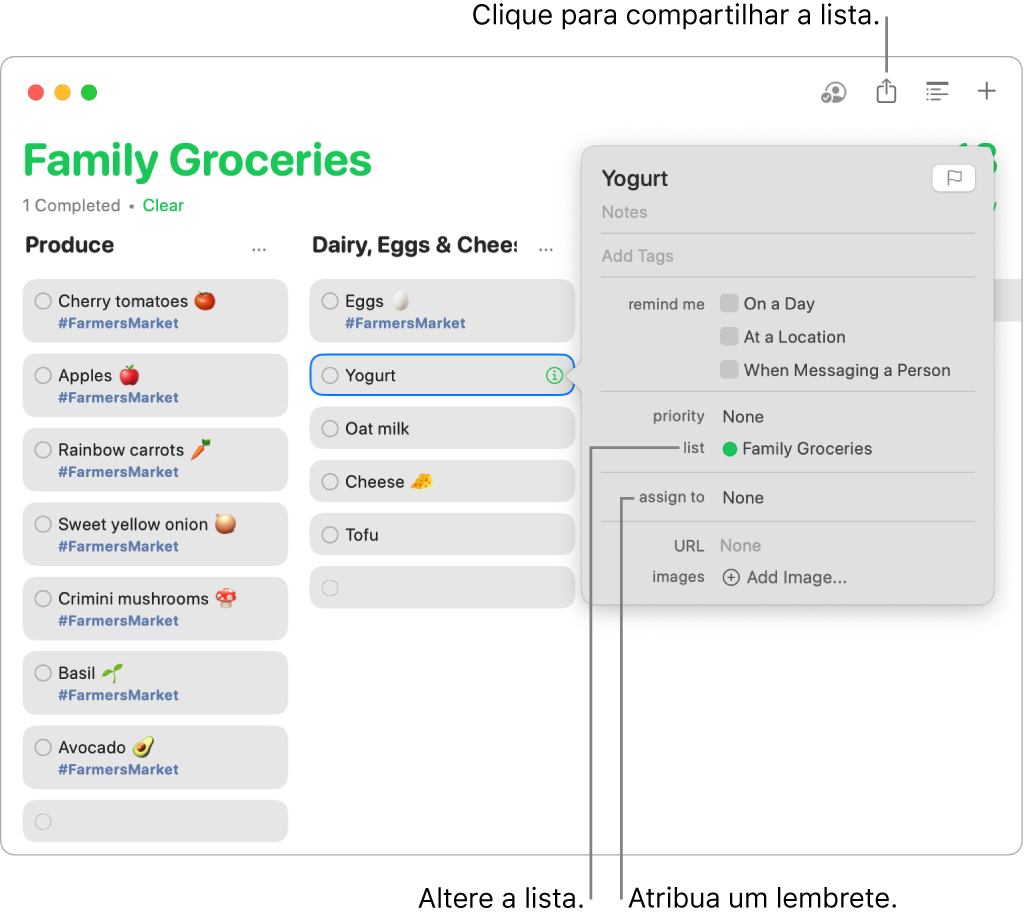 Janela do app Lembretes mostrando os detalhes de um lembrete em uma lista de compras compartilhada.