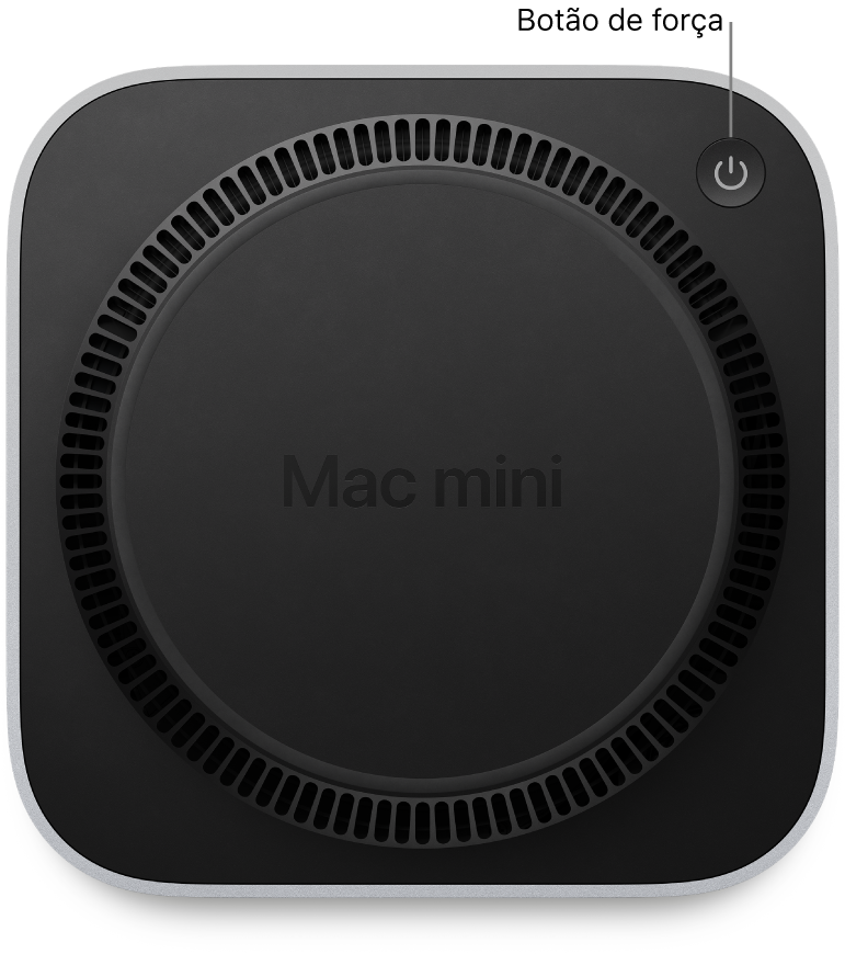 A parte inferior do Mac mini mostrando o botão Liga/Desliga.