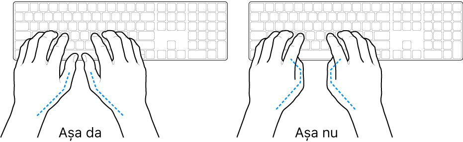 Mâini poziționate deasupra unei tastaturi, indicând alinierea corectă și incorectă a degetelor mari.