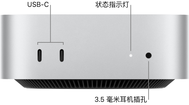 Mac mini 正面显示两个 USB-C 端口、状态指示灯和 3.5 毫米耳机插孔。