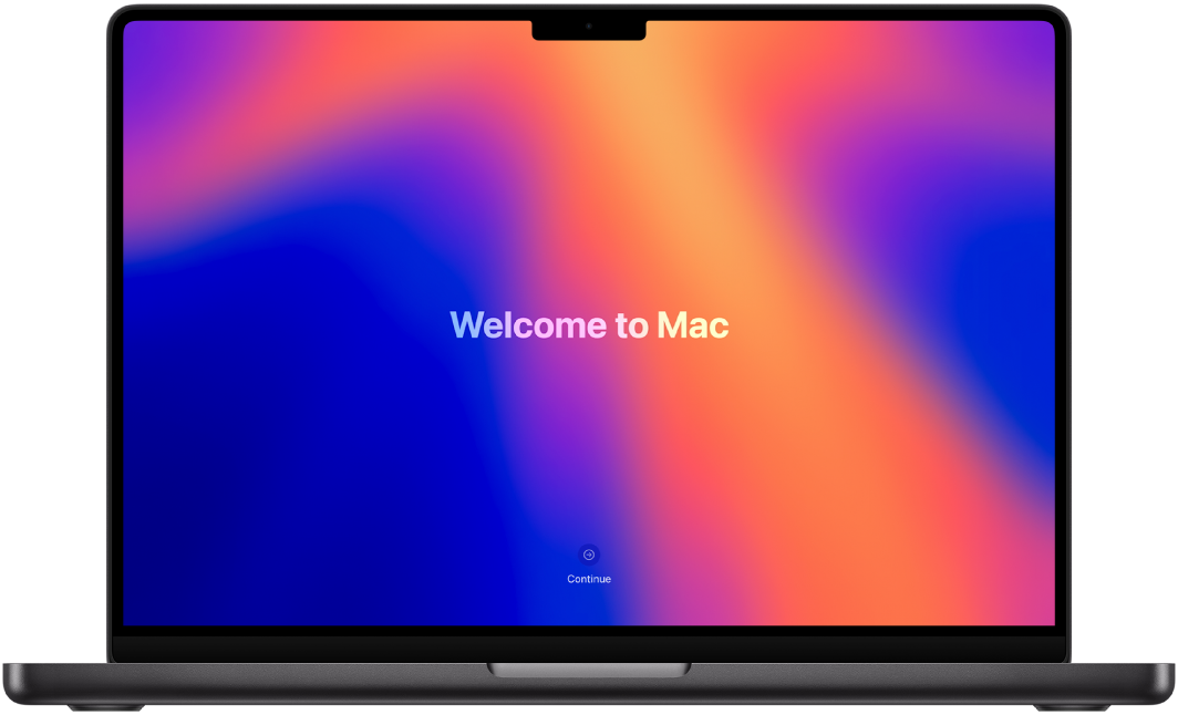 Отворен MacBook Pro с надпис „Welcome to Mac“ („Добре дошли Mac“) на екрана.