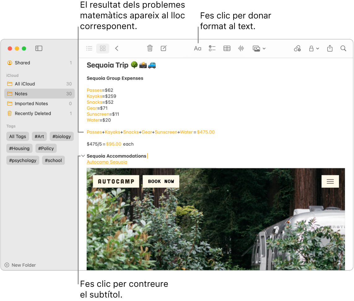 Una finestra de l’app Notes que mostra els càlculs de les despeses de Sequoia Camp, un enllaç de text a un lloc web i una imatge de l’allotjament.