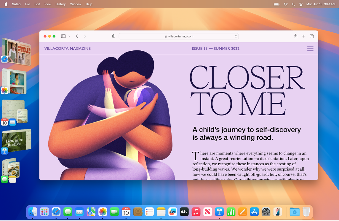 Una pantalla on es mostra el Safari al centre i altres apps obertes al llarg del costat esquerra per mitjà de l’organitzador visual.
