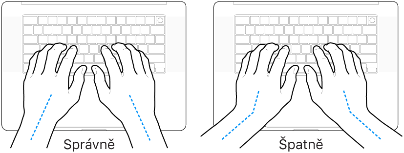 Ruce nad klávesnicí znázorňující správnou a nesprávnou polohu zápěstí