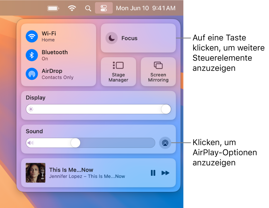 Vergrößerte Darstellung des Kontrollzentrums auf dem Mac mit Beschriftung der Taste „Monitor“.