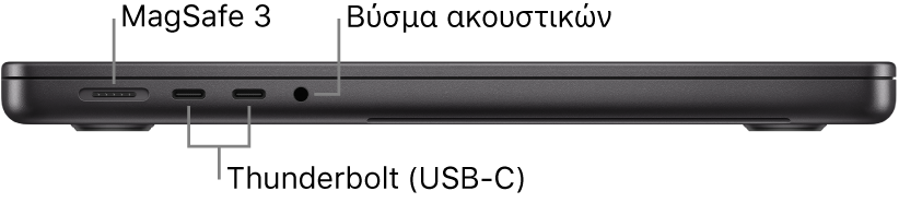 Η αριστερή πλευρά ενός MacBook Pro 14 ιντσών με επεξηγήσεις για τη θύρα MagSafe 3, δύο θύρες Thunderbolt 4 (USB-C) και την υποδοχή (θύρα) ακουστικών.