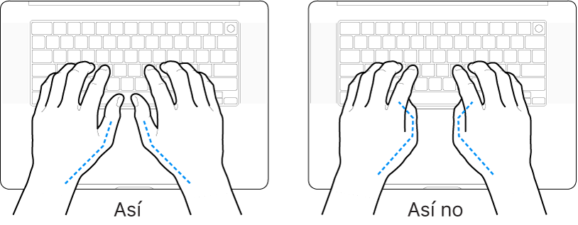 Manos posicionadas sobre un teclado, mostrando la alineación correcta e incorrecta de los pulgares.