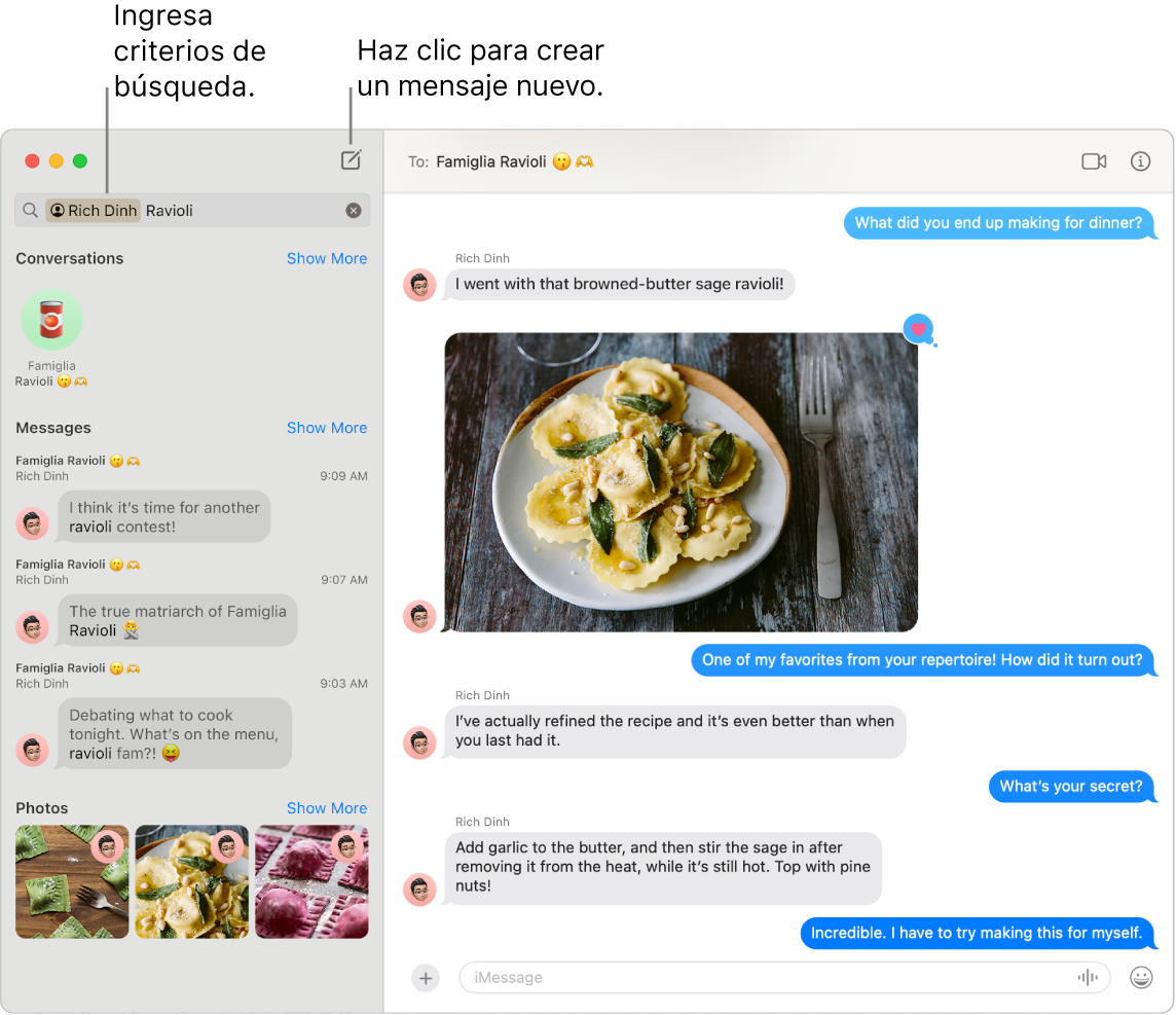 Una ventana de Mensajes mostrando los resultados de búsqueda de un contacto y “raviolis” a la izquierda. A la derecha se encuentra una conversación con una imagen de raviolis.