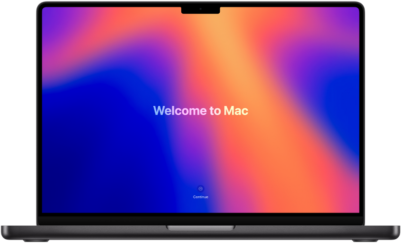 Un MacBook Pro abierto con la palabra "hola" y un botón que dice "Empezar" en la pantalla.