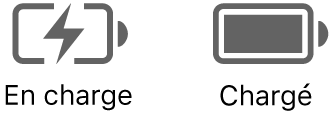 Icône dʼétat de batterie en charge et chargée.