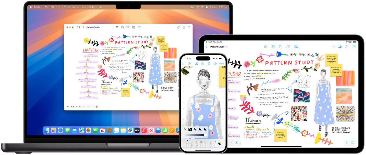 Mac, iPhone et iPad affichant le même tableau Freeform.