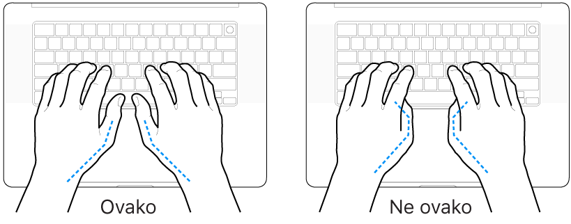 Ruke položene na tipkovnicu s prikazom pravilnog i nepravilnog položaja palaca.