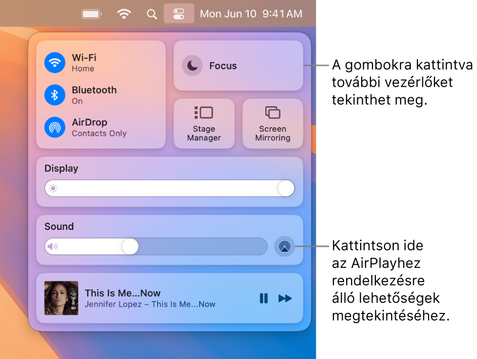 A Mac Vezérlőközpontjának felnagyított nézete és a Kijelző gomb képfelirata.