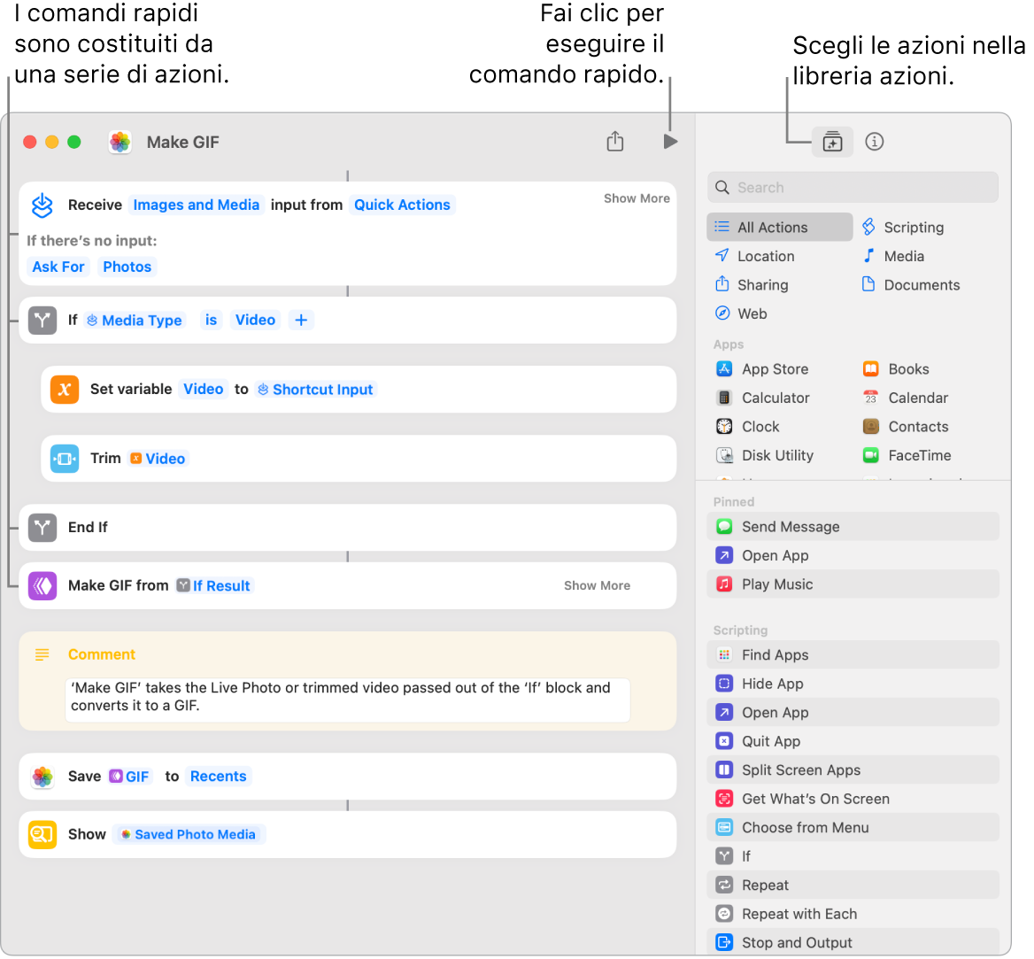 L’editor del comando rapido “Crea GIF” a sinistra e la libreria di azioni a destra.