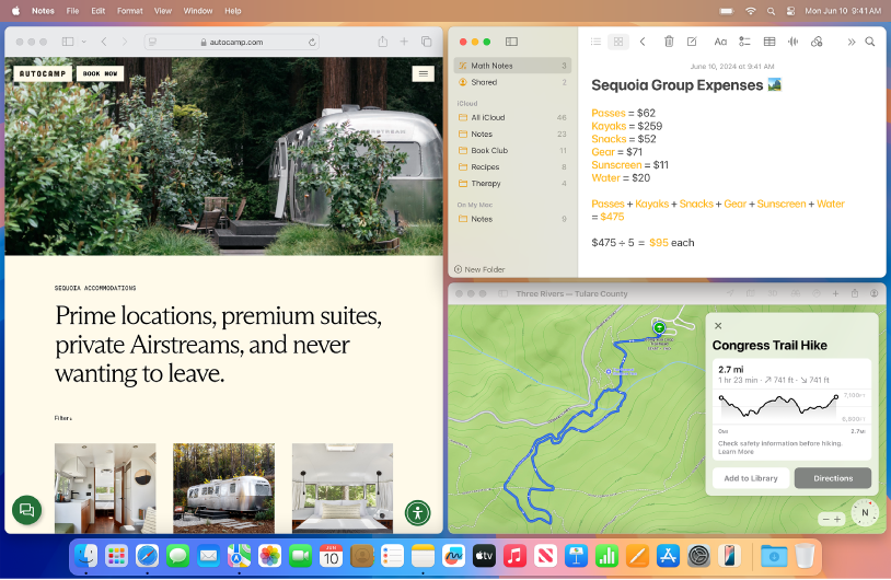 Schermate sovrapposte delle app Mappe, Safari e Note.