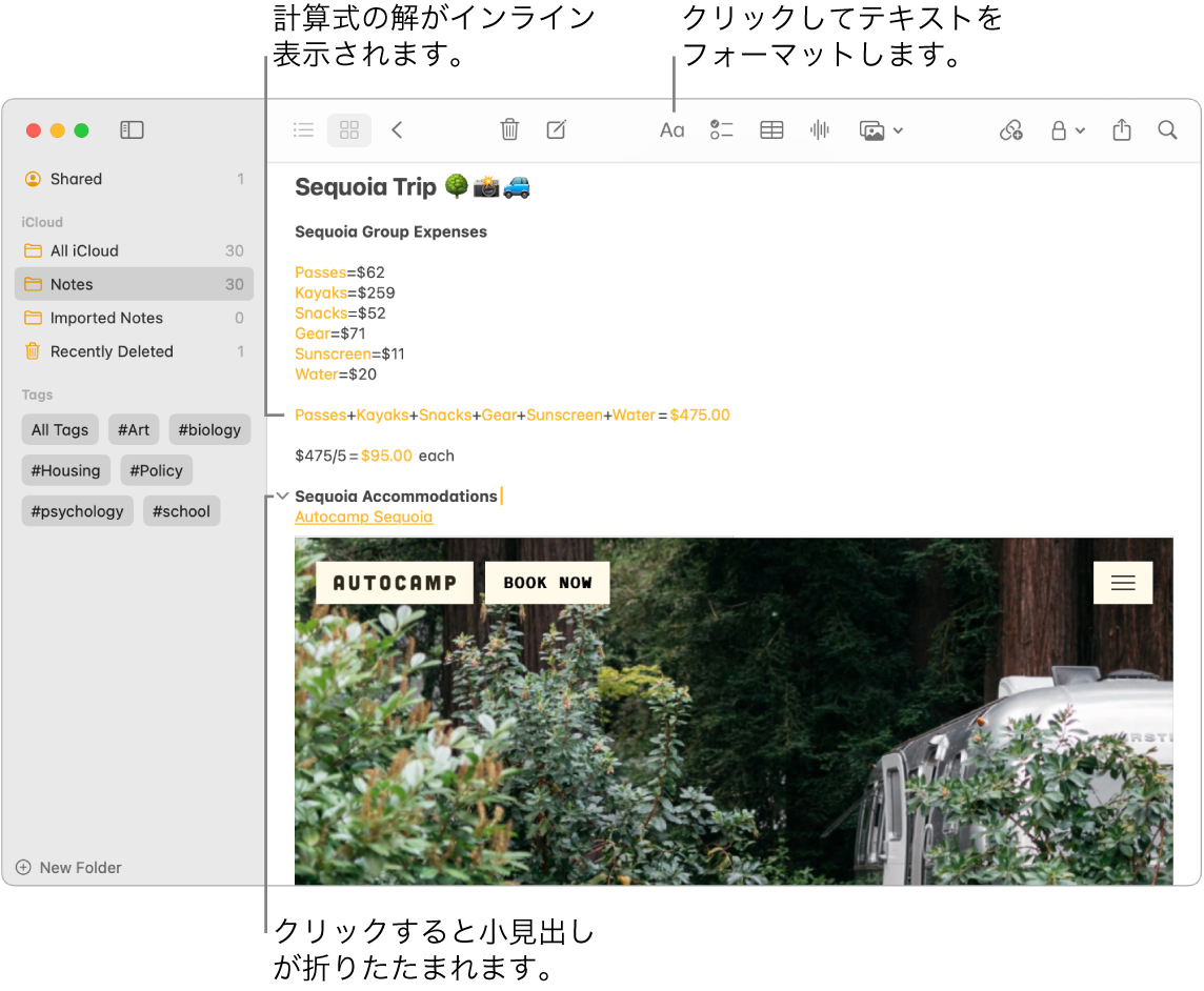 メモアプリのウインドウ。セコイアキャンプの費用の計算、Webサイトへのテキストリンク、宿泊施設の写真が表示されています。