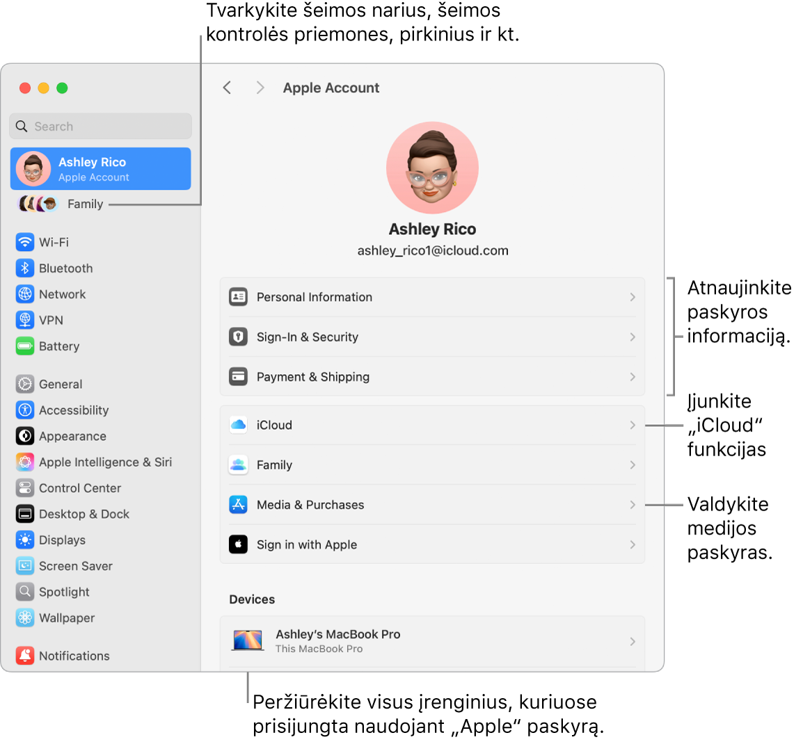 Skiltyje „Sistemos nustatymai“ pateikiami „Apple“ paskyros nustatymai su šaukiniais, skirtais atnaujinti paskyros informaciją, įjungti arba išjungti „iCloud“ funkcijas, tvarkyti medijos paskyras, ir „Šeima“, kur galite tvarkyti šeimos narius, tėvų kontrolę, pirkinius ir kt.