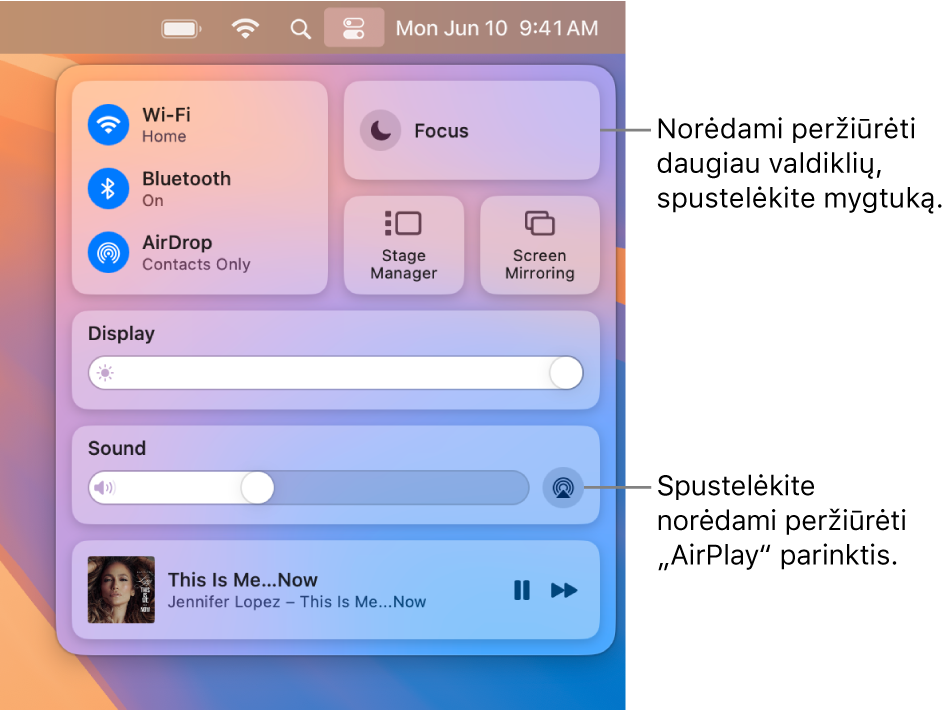 Priartintas „Mac“ funkcijos „Control Center“ rodinys, kuriame matosi mygtuko „Display“ nuoroda.