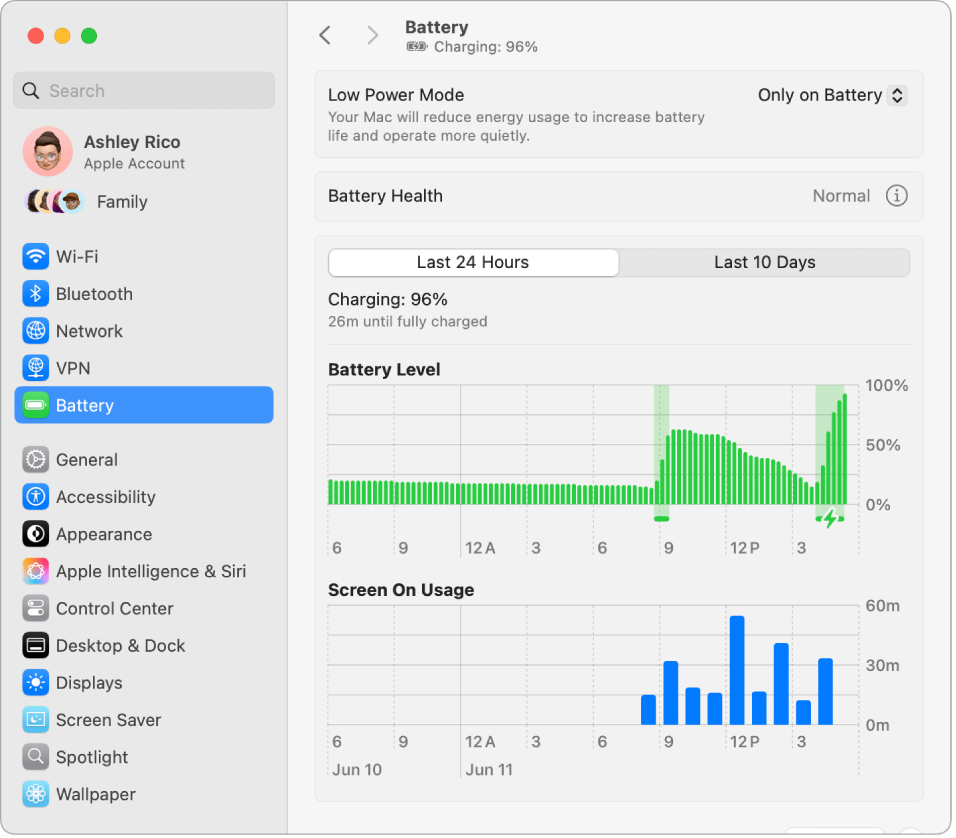 Battery Settings logs, kurā redzams enerģijas patēriņš pēdējās desmit dienās. Logā ir norādīts arī, ka Battery Health ir normāla, kā arī ir redzama iespēja ieslēgt Low Power Mode.