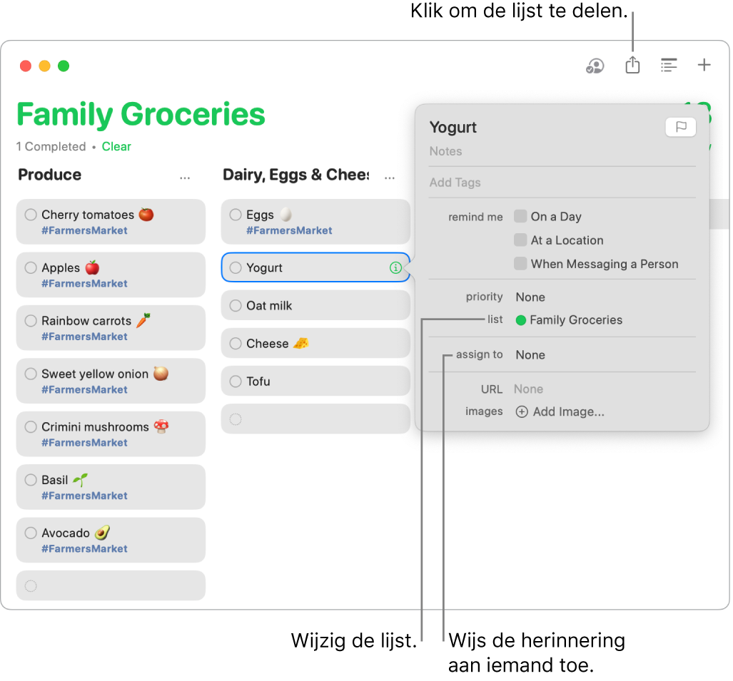 Een Herinneringen-venster met de details van een herinnering voor een gedeelde boodschappenlijst.