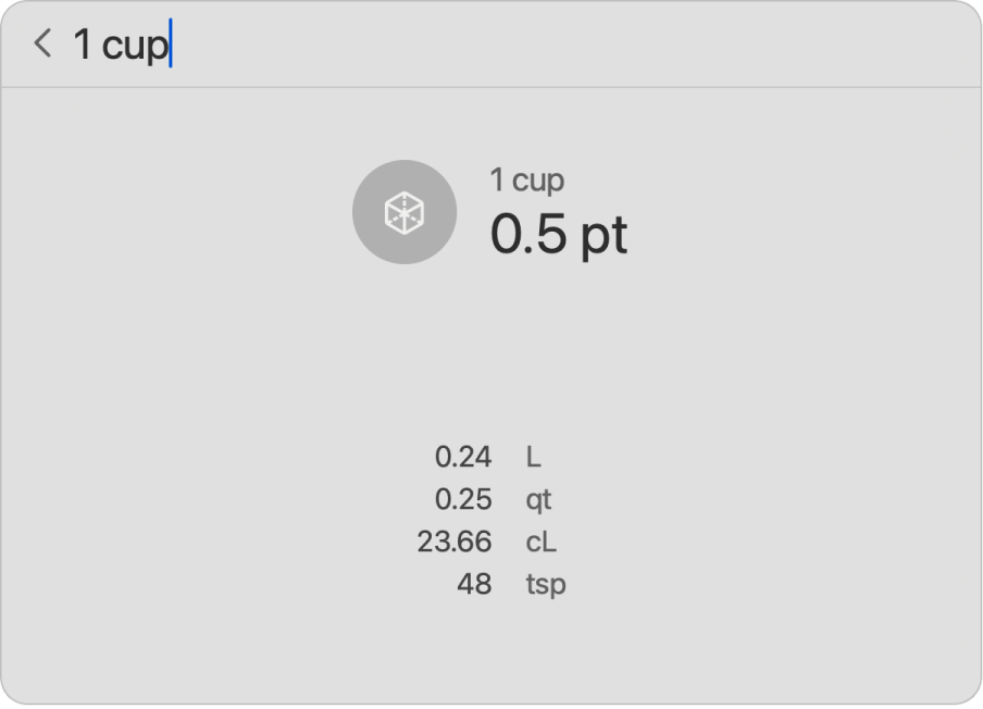 Een Spotlight-zoekopdracht waarin 25 pond is omgerekend in kilogram, short ton, ounce, gram en milligram.