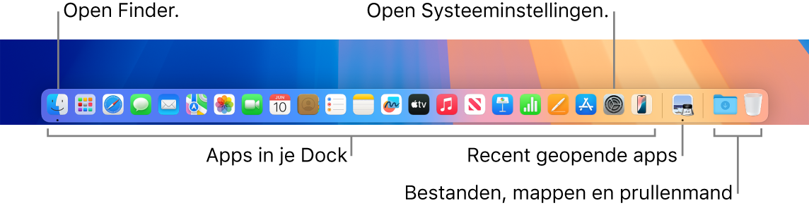 Het Dock, met daarin de Finder, Systeeminstellingen en de scheidingslijn die apps van bestanden en mappen scheidt.