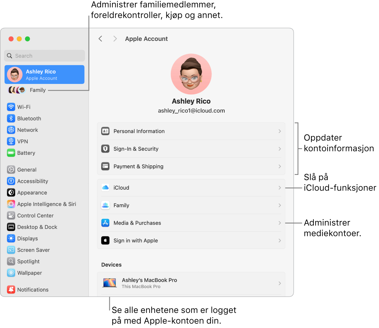 Apple-konto-innstillinger i Systeminnstillinger med forklaringer for hvordan du oppdaterer kontoinformasjon, slår av eller på iCloud-funksjoner, administrerer mediekontoer, og Familie, der du kan administrere familiemedlemmer, foreldrekontroller, kjøp og mer.