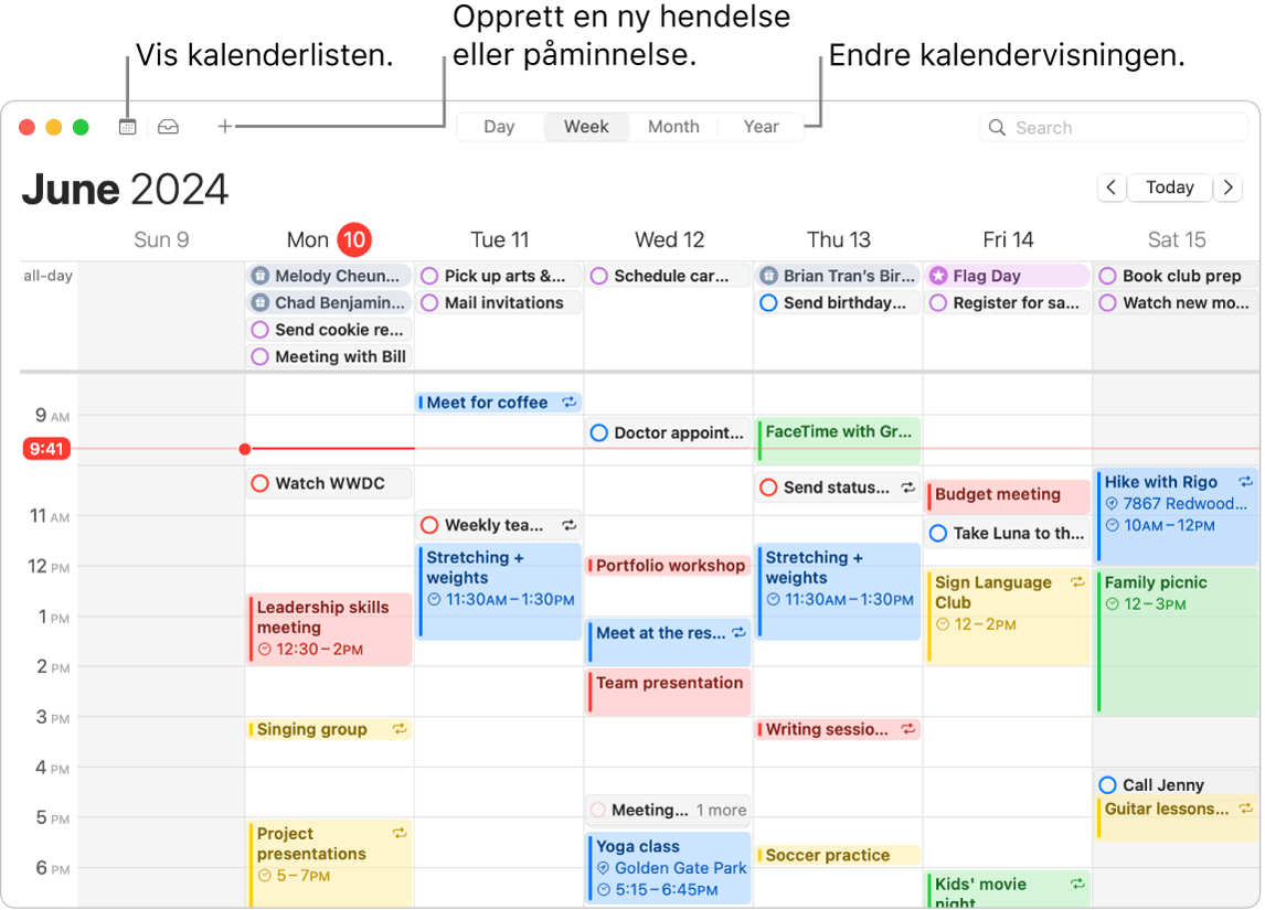 Et Kalender-vindu som viser alle hendelser og påminnelser for uken. Piler peker på knappene som viser kalenderlisten, oppretter en hendelse eller påminnelser og endrer visningen til dag, uke, måned eller år.