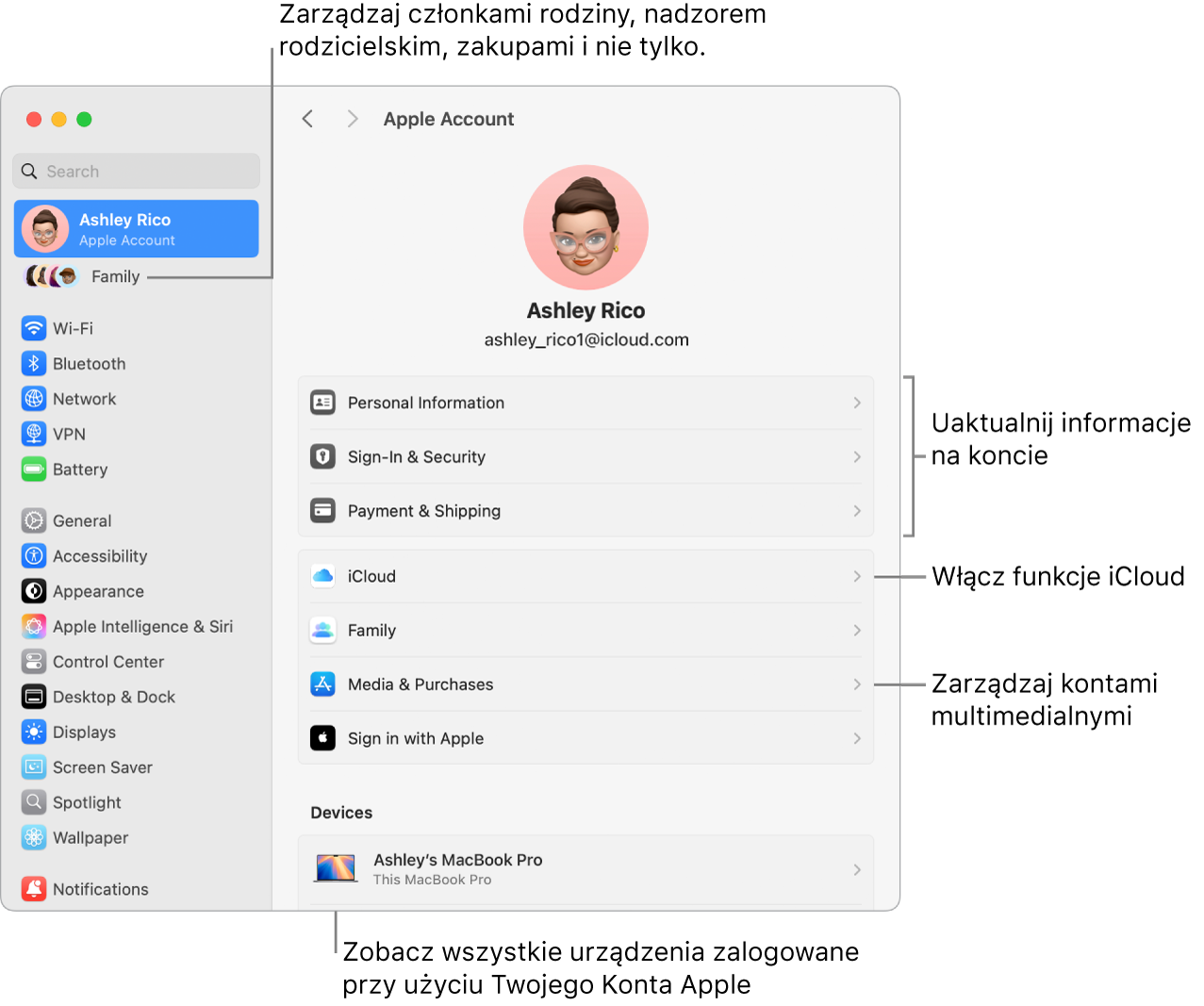 Ustawienia konta Apple w Ustawieniach systemowych z dymkami pomocy o uaktualnieniu danych konta, włączaniu lub wyłączaniu funkcji iCloud, zarządzaniu kontami multimedialnymi, oraz chmurą rodzinną, gdzie możesz zarządzać ustawieniami członków rodziny, nadzorem rodzicielskim, zakupami i nie tylko.