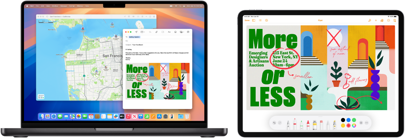 Um MacBook Pro e um iPad lado a lado. A tela do iPad mostra um panfleto com anotações. A tela do MacBook Pro tem uma mensagem do Mail com o panfleto anotado no iPad como anexo.