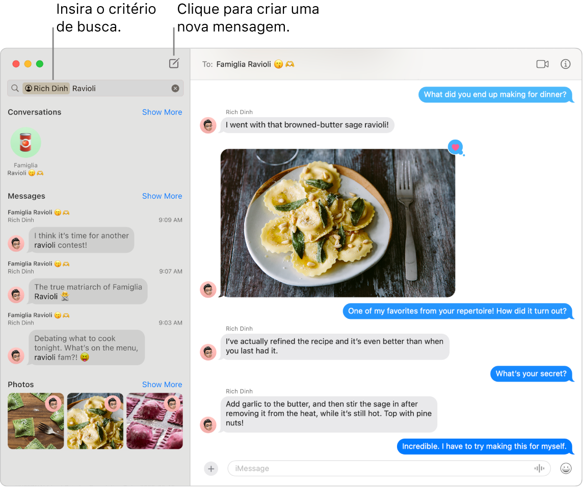 Janela do app Mensagens mostrando resultados da busca para um contato e “ravioli” à esquerda. À direita, uma conversa com a imagem de um ravioli.