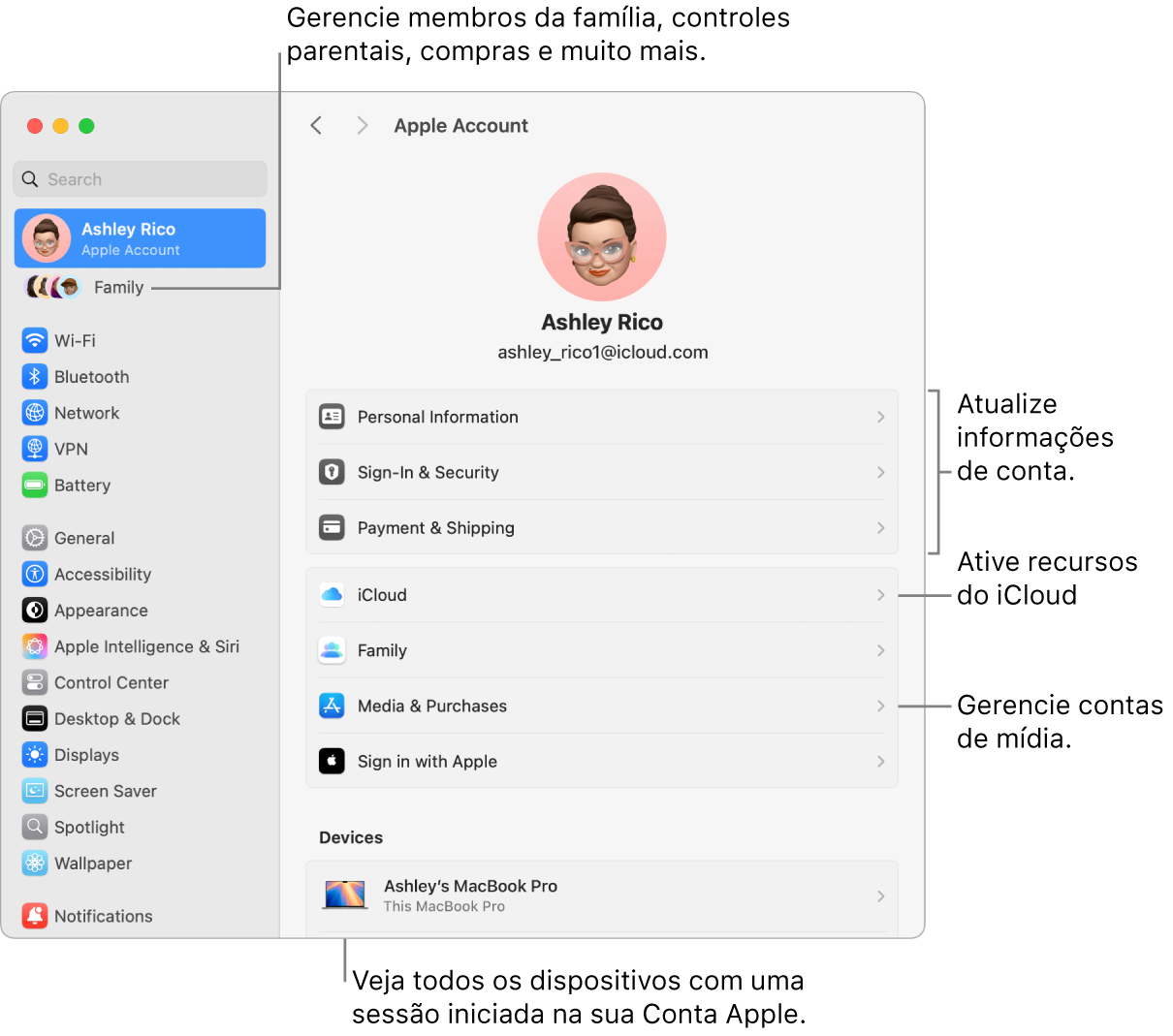 Ajustes da Conta Apple nos Ajustes do Sistema com chamadas para atualizar informações da conta, ativar ou desativar recursos do iCloud, gerenciar contas de mídia, e Família, onde você pode gerenciar membros da família, controles parentais, compras e outros.