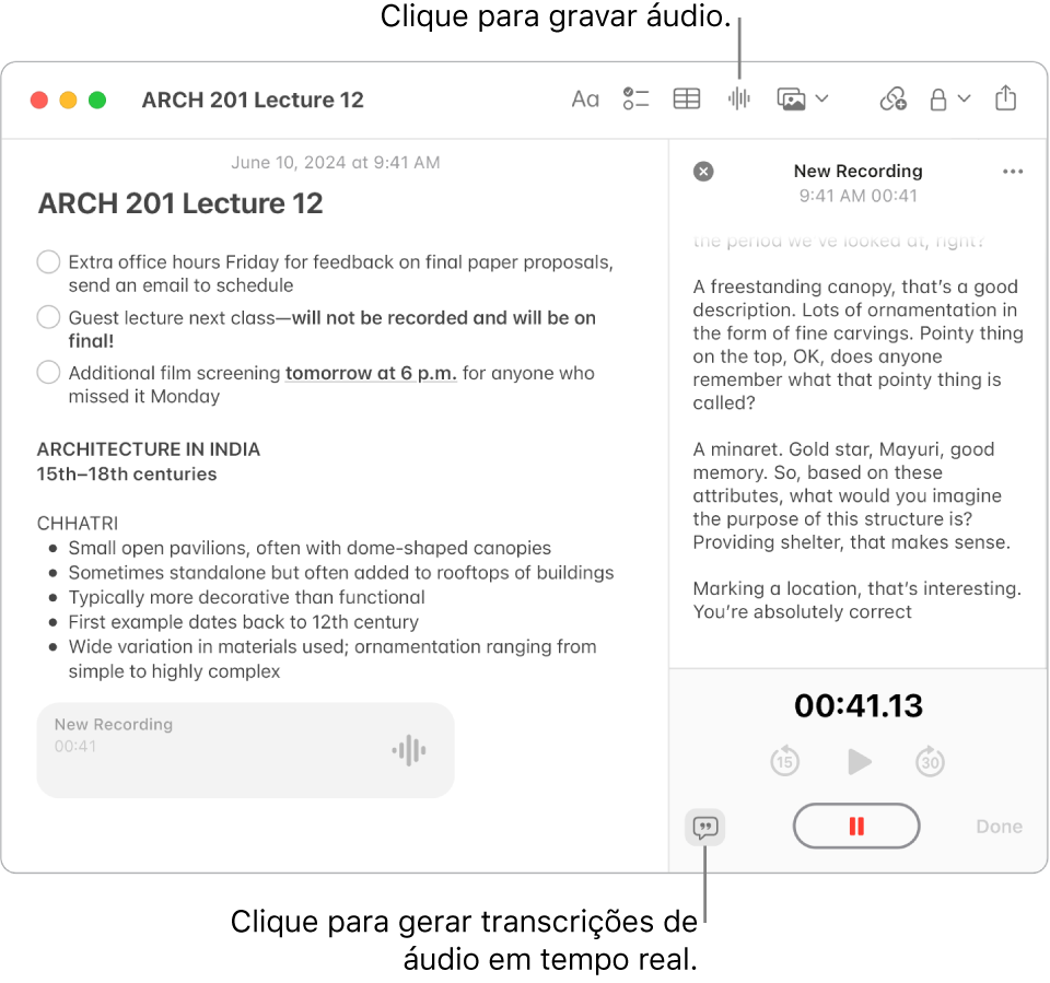 Uma janela da aplicação Notas a mostrar uma nota com uma lista de controlo, uma lista com marcas e uma gravação de áudio. O ecrã de detalhes de áudio está aberto e mostra uma transcrição da gravação de áudio.