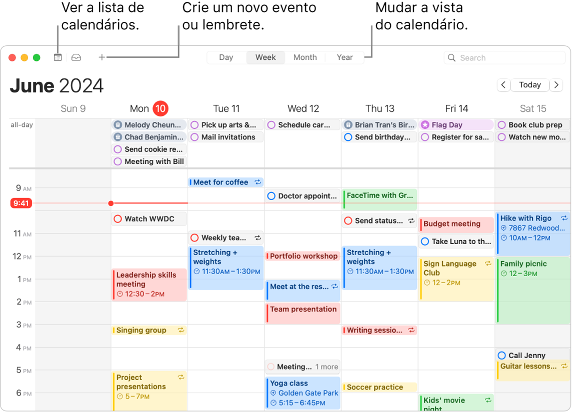 Uma janela da aplicação Calendário a mostrar todos os eventos e lembretes agendados para a semana. As setas apontam para os botões que mostram a lista de calendários, criar um evento ou lembrete e alterar a vista para Dia, Semana, Mês ou Ano.