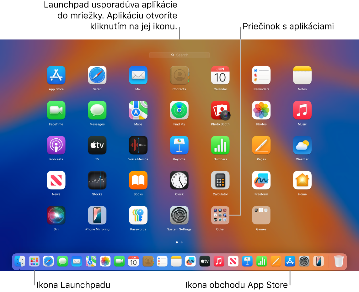 Ikona Launchpadu v Docku a otvorené okno Launchpadu zobrazujúce rôzne apky usporiadané v mriežke na obrazovke Macu.