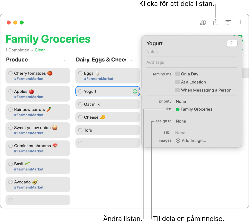 Ett Påminnelser-appfönster visar detaljerna för en påminnelse i en delad inköpslista.