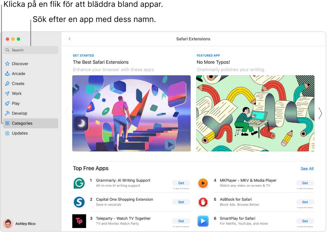 App Store-fönster som visar sökfältet och en sida med Safari-tillägg.