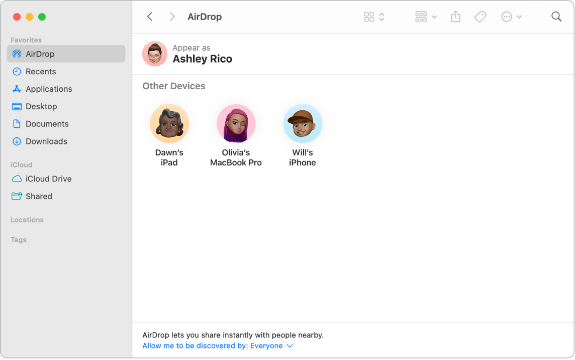 หน้าต่าง Finder ที่เลือก AirDrop อยู่ในส่วนรายการโปรดของแถบด้านข้าง