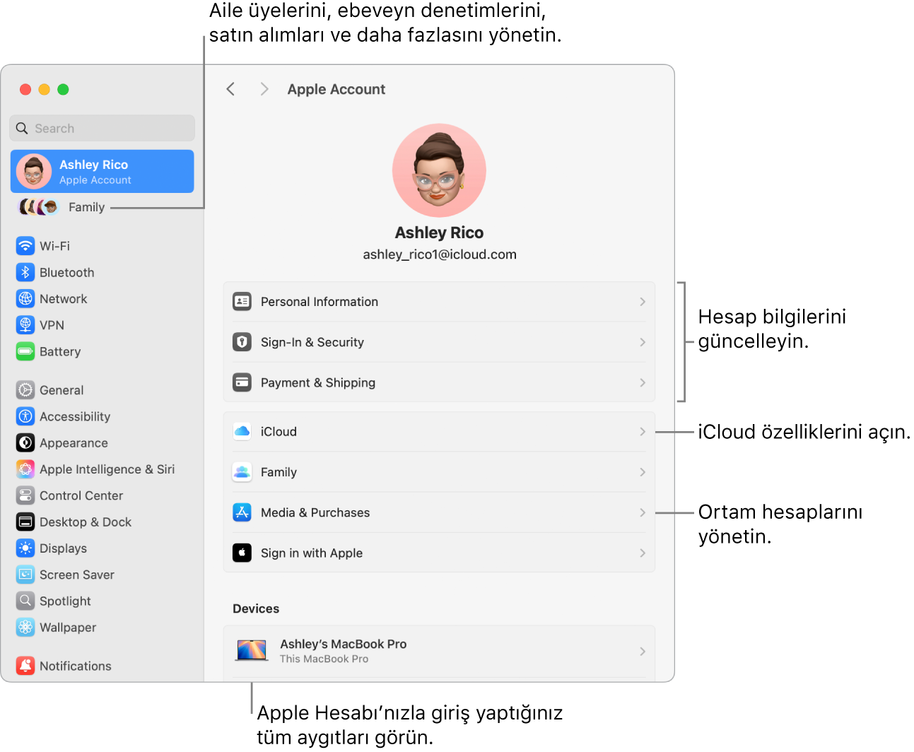Hesap bilgilerini güncellemeye, iCloud özelliklerini açma veya kapatmaya, ortam hesaplarını yönetmeye ve aile üyelerini, ebeveyn denetimlerini, satın alımları ve daha fazlasını yönetebileceğiniz Aile’ye belirtme çizgileri ile Sistem Ayarları’nda Apple Hesabı ayarları.