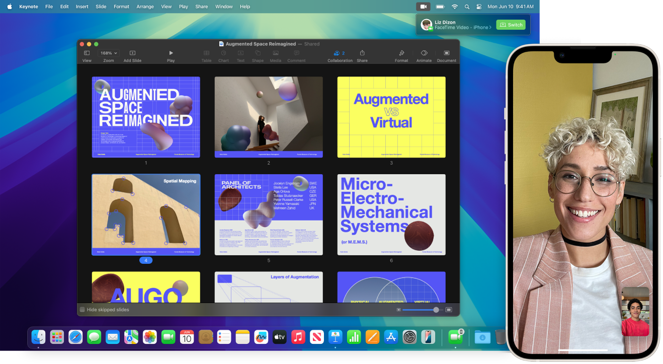 Виклик FaceTime на iPhone поруч із комп’ютером Mac з відкритим вікном програми Keynote. У правому верхньому кутку Mac є кнопка для перемикання виклику FaceTime на Mac.