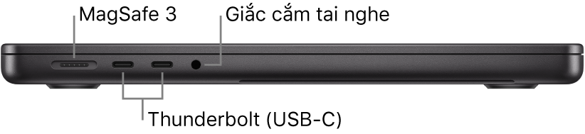 Cạnh bên trái của MacBook Pro 14 inch, với các chú thích đến cổng MagSafe 3, hai cổng Thunderbolt 4 (USB-C) và giắc cắm tai nghe.