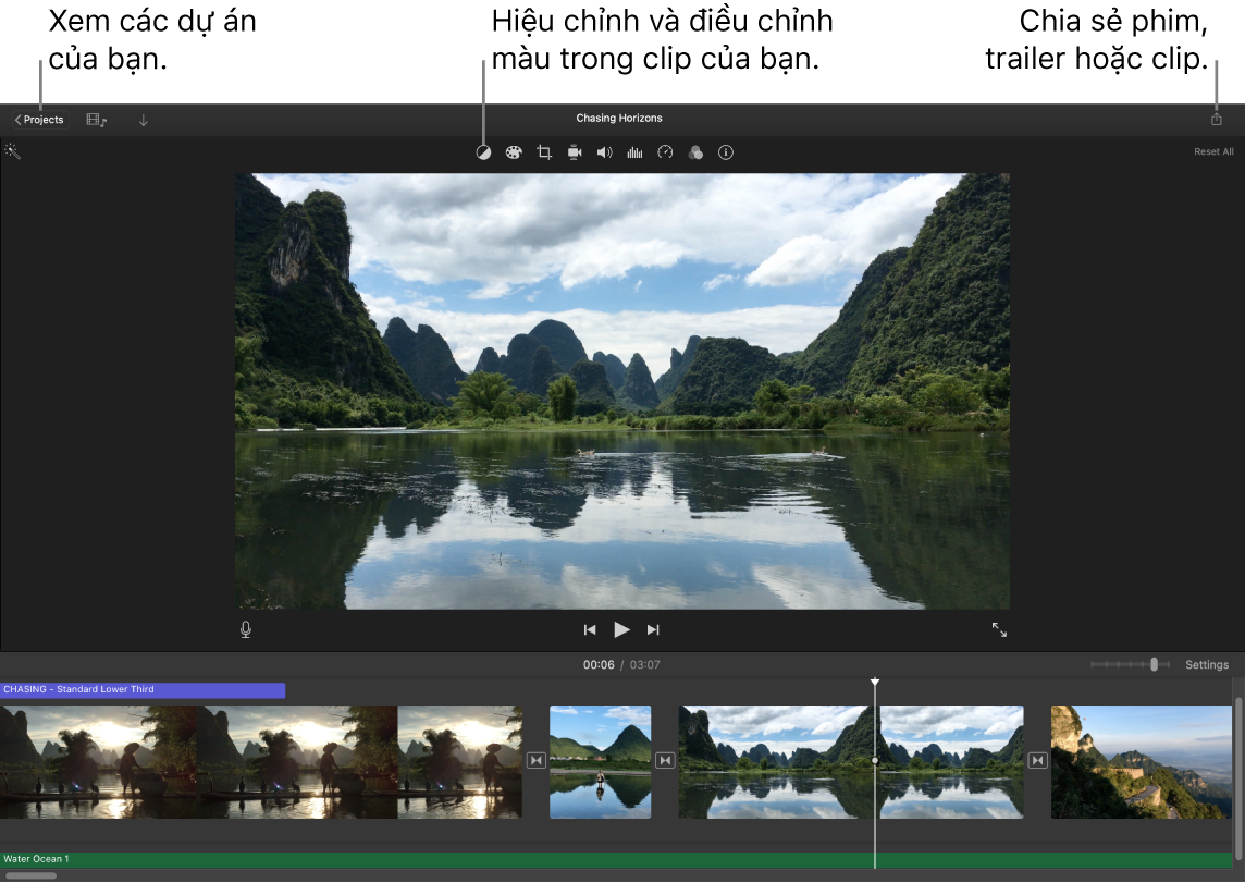 Một cửa sổ iMovie đang hiển thị các nút để xem dự án, hiệu chỉnh và điều chỉnh màu cũng như chia sẻ phim, trailer hoặc clip phim của bạn.