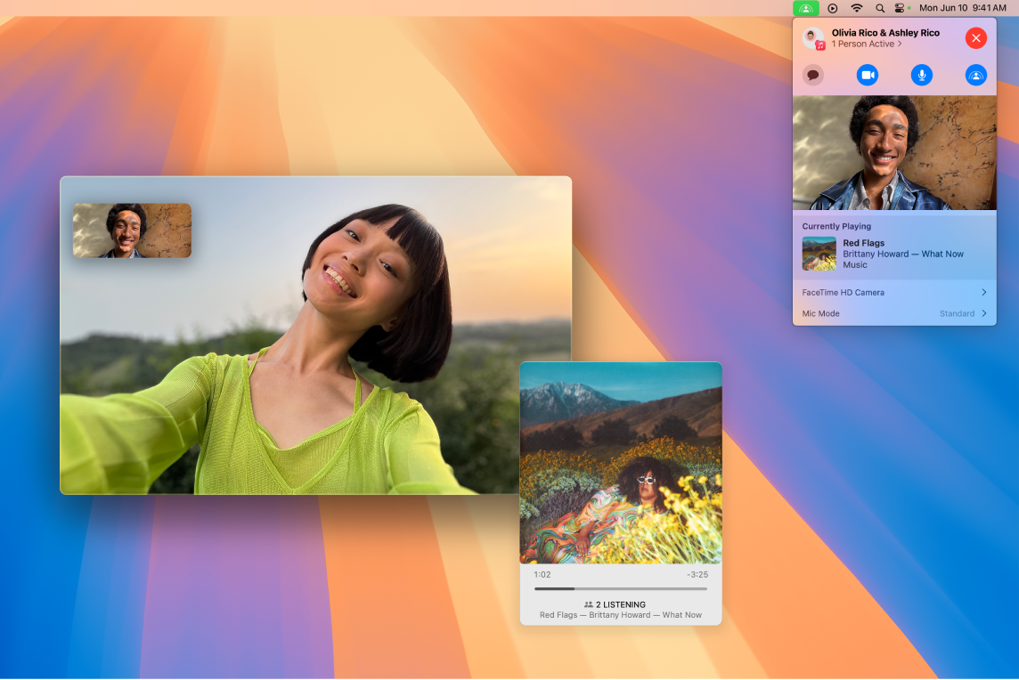 La finestra del FaceTime que mostra una trucada en què es veuen els participants utilitzant el SharePlay per escoltar un àlbum junts.