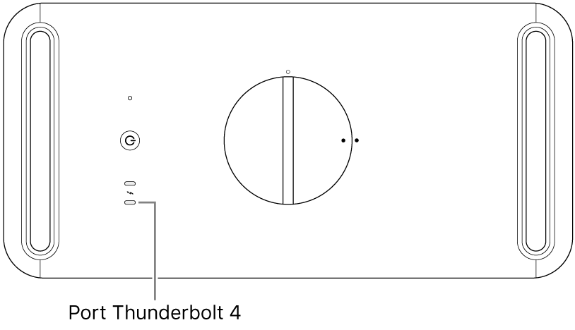 Horní strana Macu Pro s popiskem u správného portu Thunderbolt 4, který je třeba použít